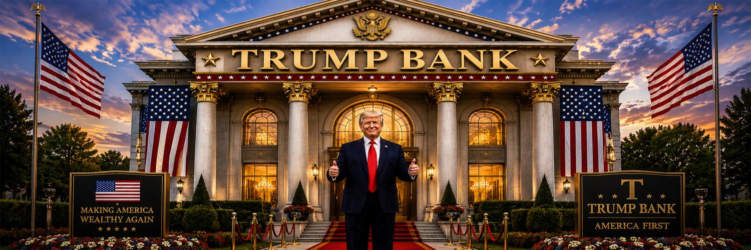Trump Bank — grand neoclassical building with red carpet and American flags
